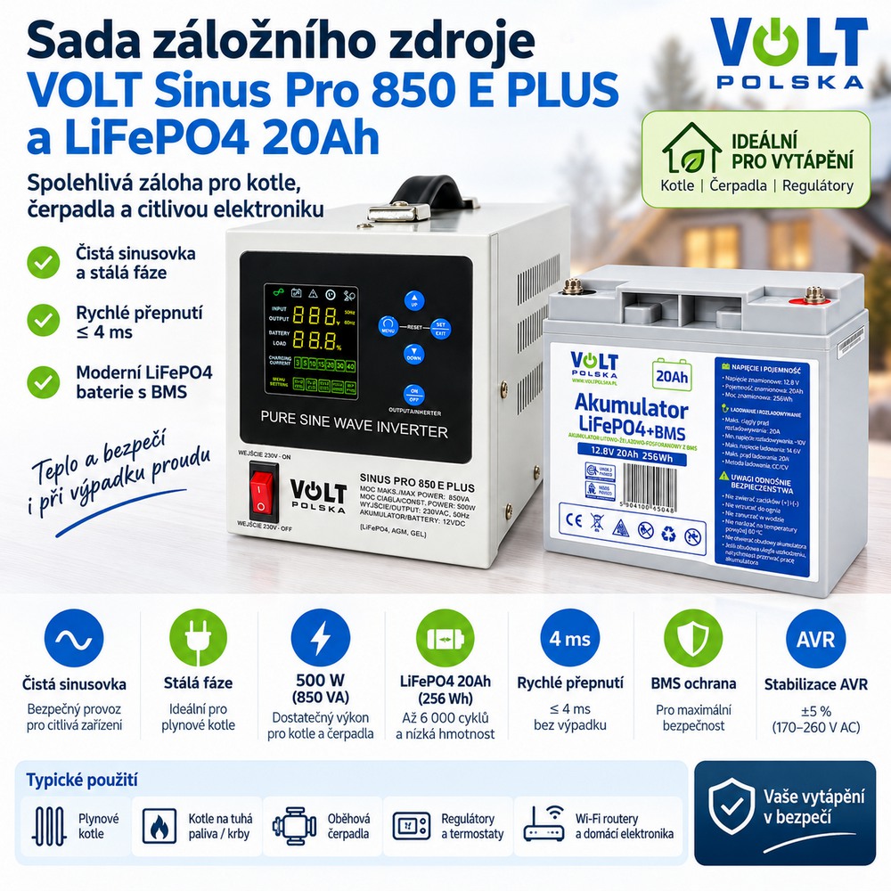 Sada záložního zdroje VOLT POLSKA Sinus Pro 850 E PLUS 12V/230V 500W + 20Ah LiFePO4 baterie VOLT